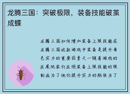 龙腾三国：突破极限，装备技能破茧成蝶